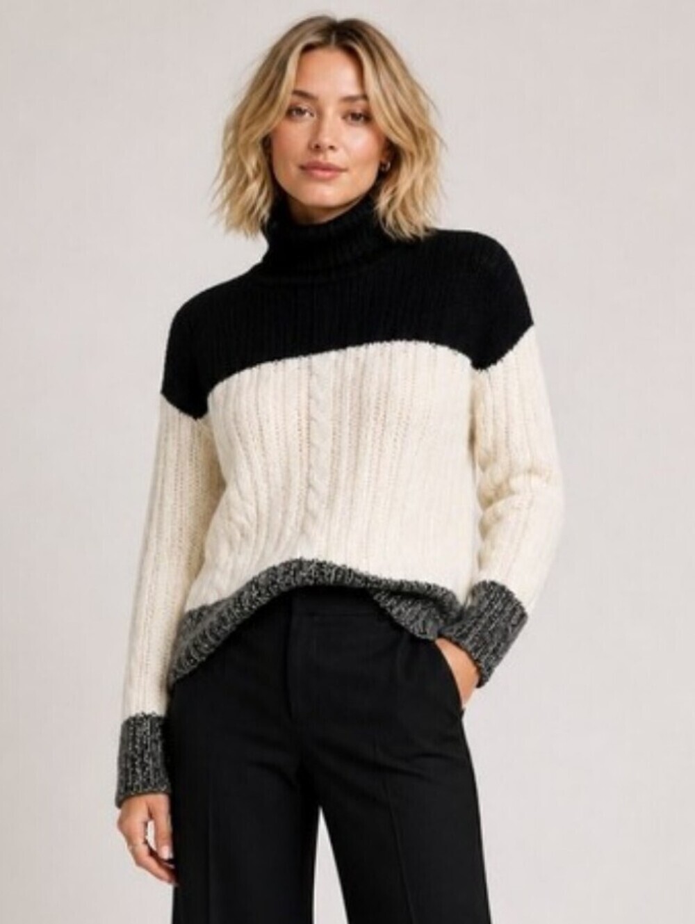 AQUA Cashmere Black Cream Colorblock Cable Knit Turtleneck Sweater Medium